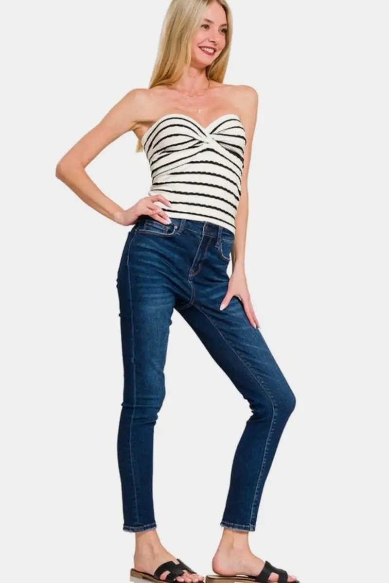 Zenana Twisted Sweetheart Neck Striped Tube Top For Women - Love Salve